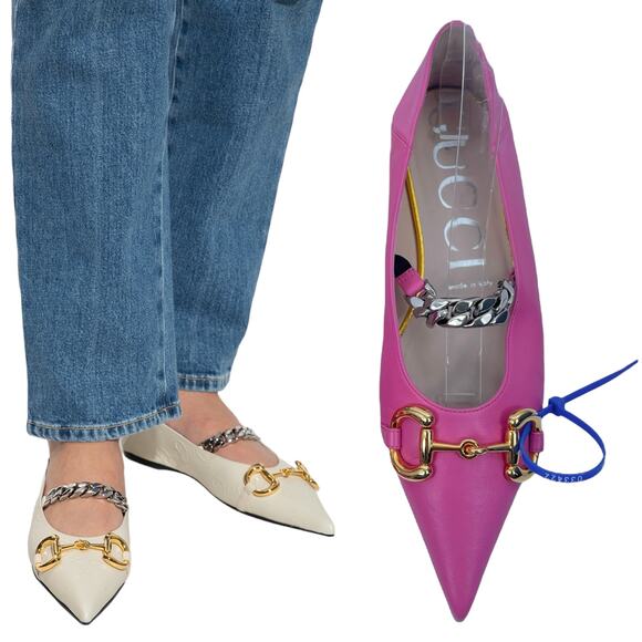 Gucci Horsebit Pointed Toe Mary Jane Ballet Flats Pink Size 38.5 - Picture 1 of 13